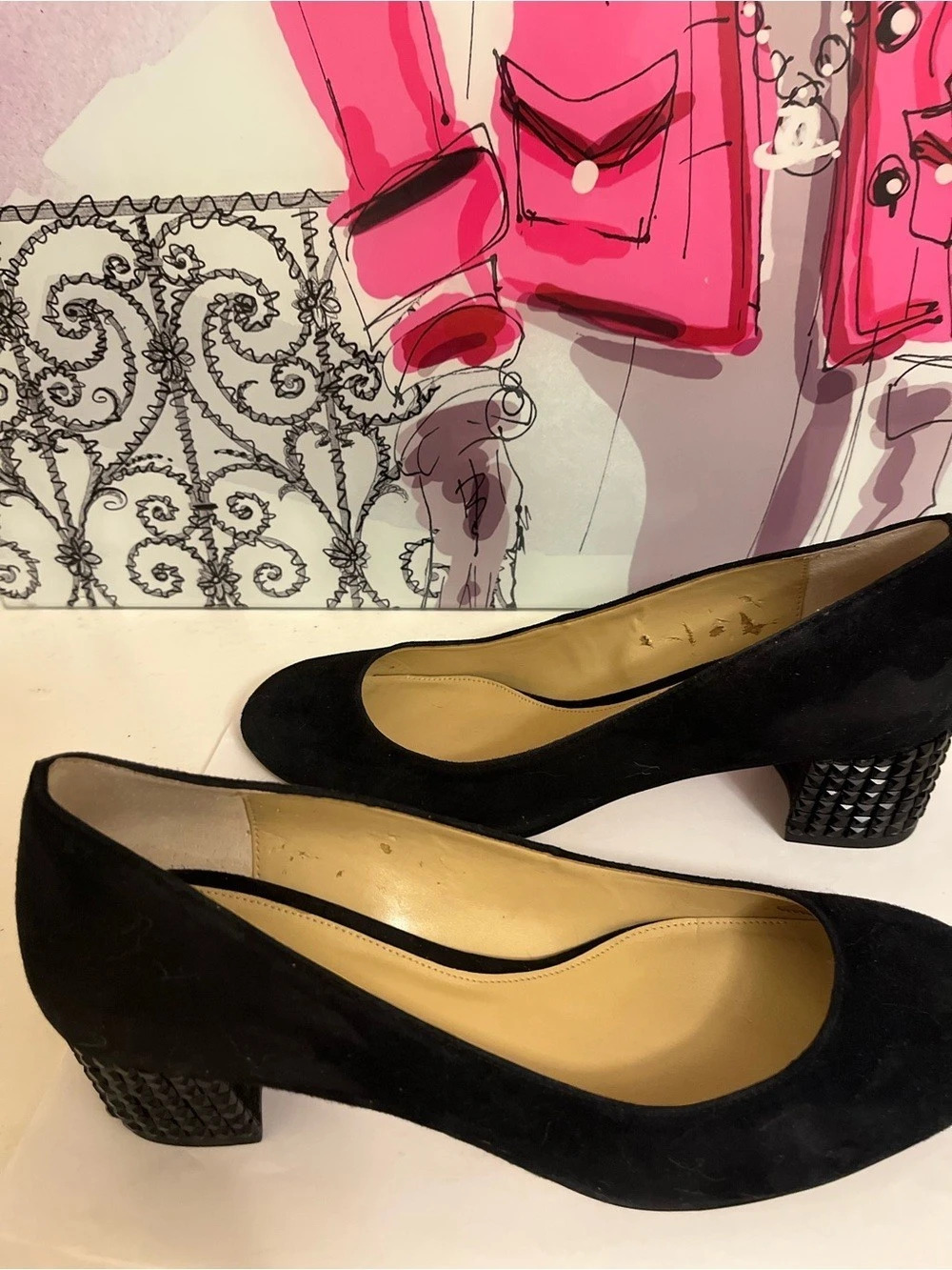 Michael Kors Black Suede Block Heel Pumps Studded Crystal Heel 8M